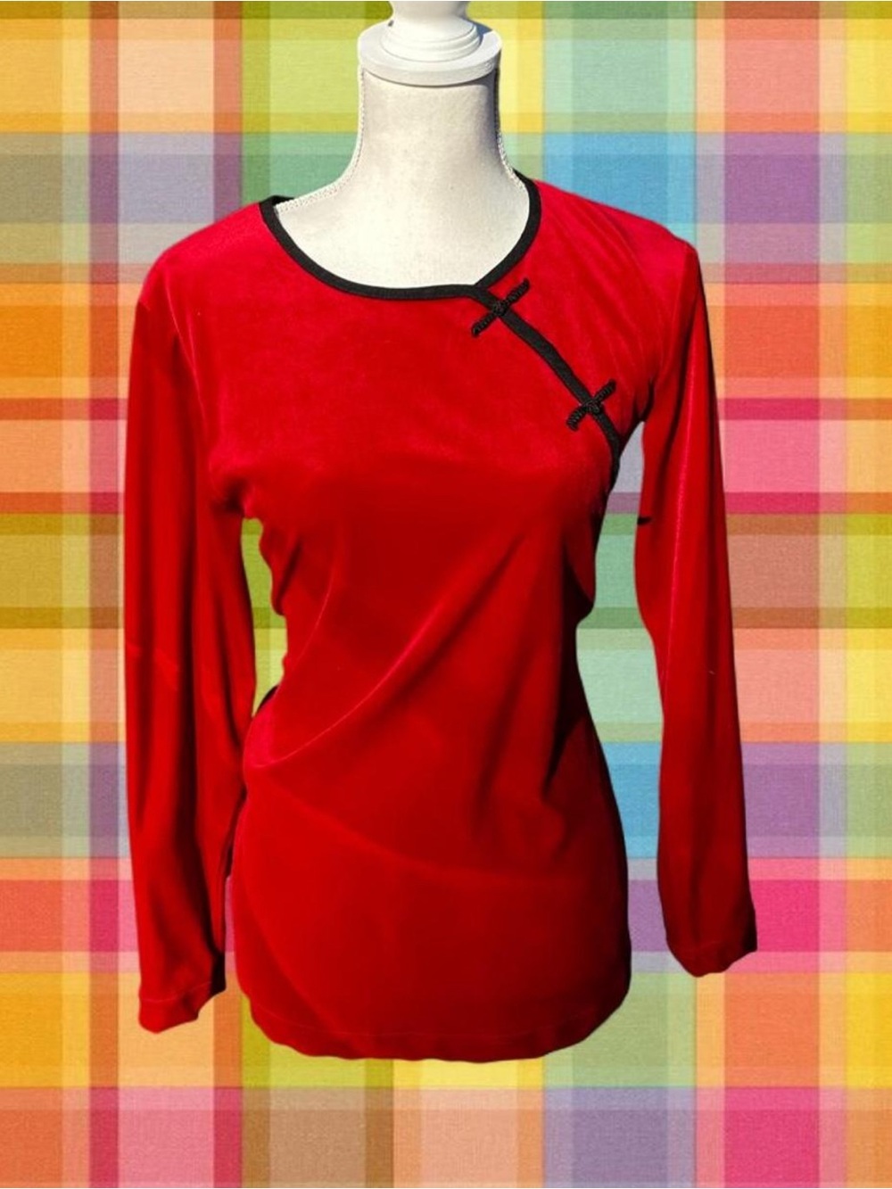 Red Long-Sleeve Velvet Top with Contrast Trim